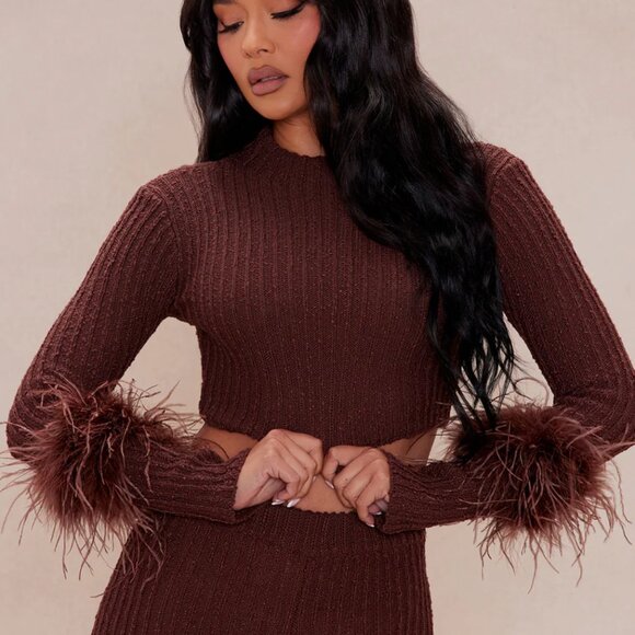 Fashion Nova Pants - Fashion Nova Hannah Feather Sweater Pant Set - Chocolate
